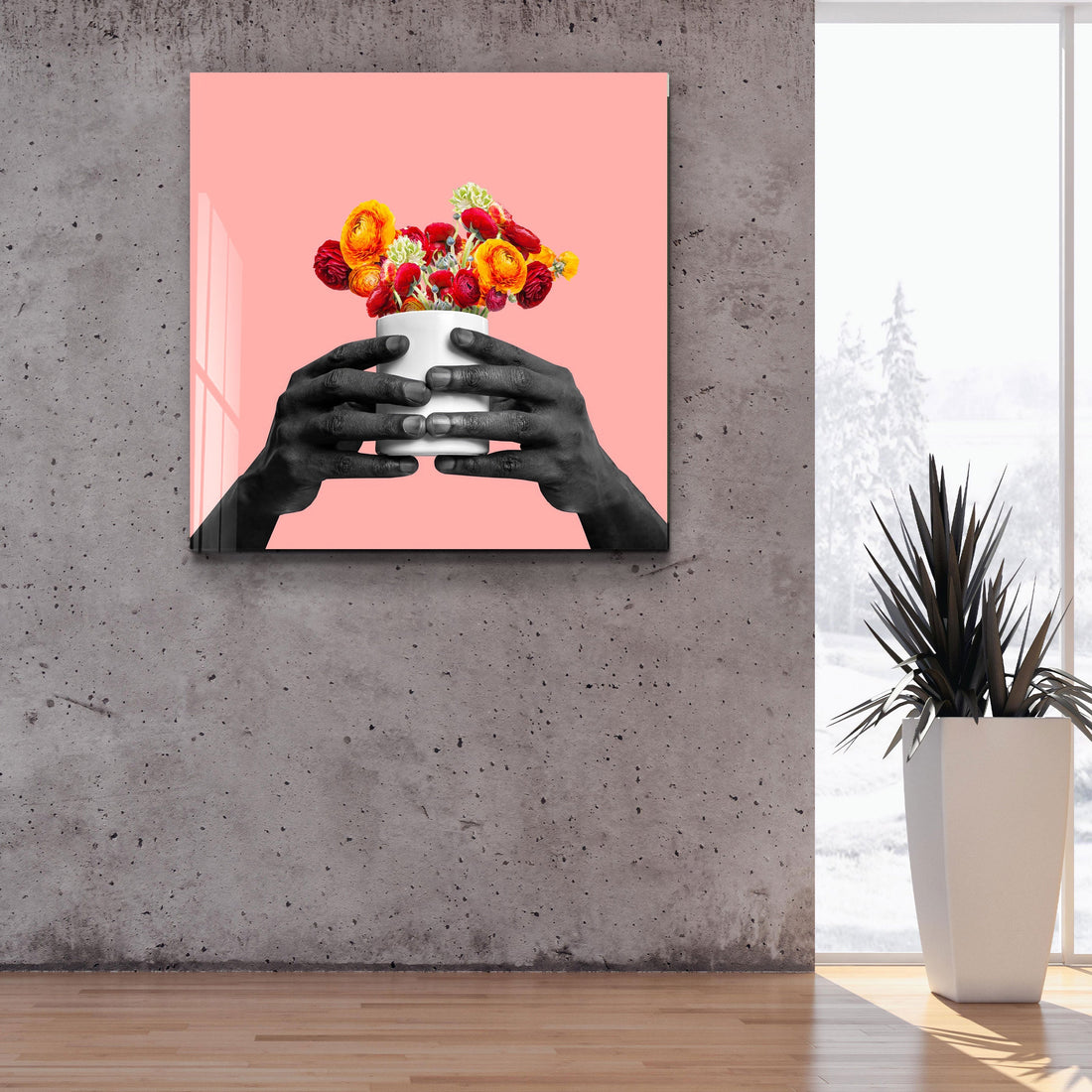 ."Holding the Flower - Pink". Contemporary Collection Glass Wall Art