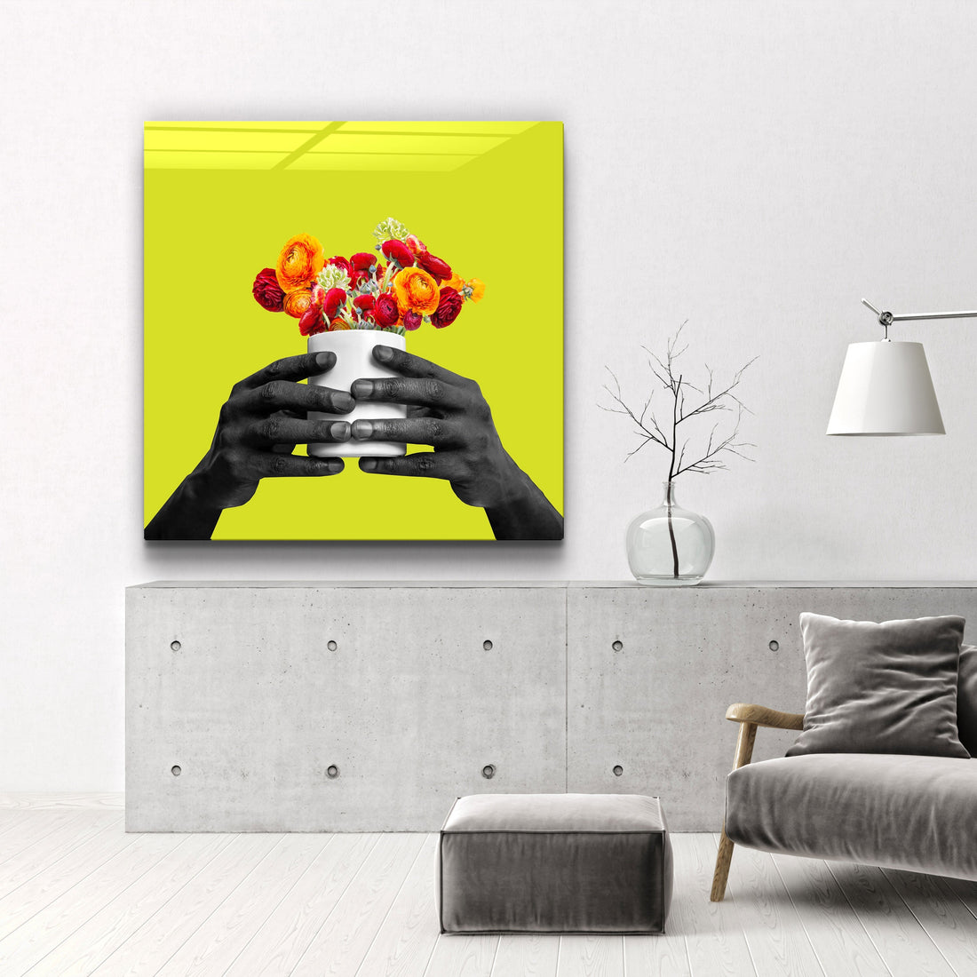 ."Holding the Flower - Lime". Contemporary Collection Glass Wall Art